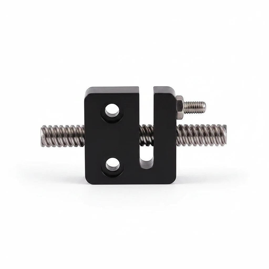 DIY AUTOMATIONS black anodized aluminum T8 adjustable lead screw nut mount for 3D printers and CNC machines.
