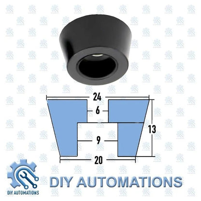 DIY Automations black tapered rubber feet for furniture, 24mm top diameter, 20mm bottom diameter, 13mm height.