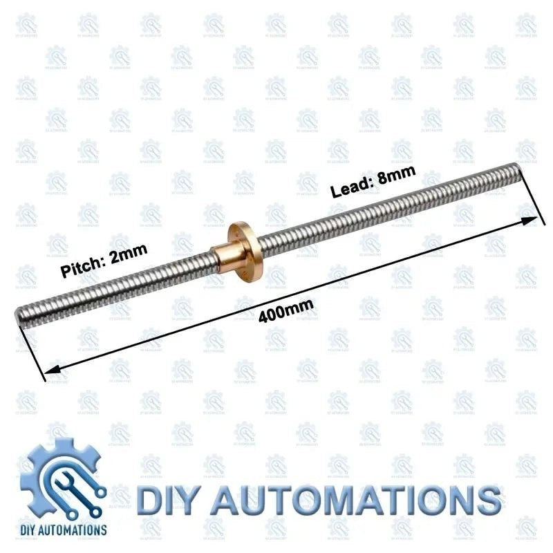 DIY Automations 400mm stainless steel threaded rod with brass nut, 8mm lead, 2mm pitch for linear motion applications.
