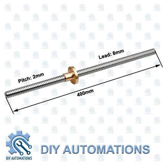DIY Automations 400mm stainless steel threaded rod with brass nut, 8mm lead, 2mm pitch for linear motion applications.