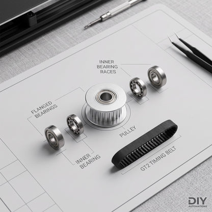 DIY AUTOMATIONS 20-tooth silver aluminum timing pulley with flanged bearings and black GT2 belt on a technical diagram