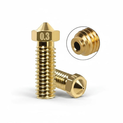 DIY AUTOMATIONS 0.3mm brass Volcano 3D printer extruder nozzle for high-precision printing and detailed parts.