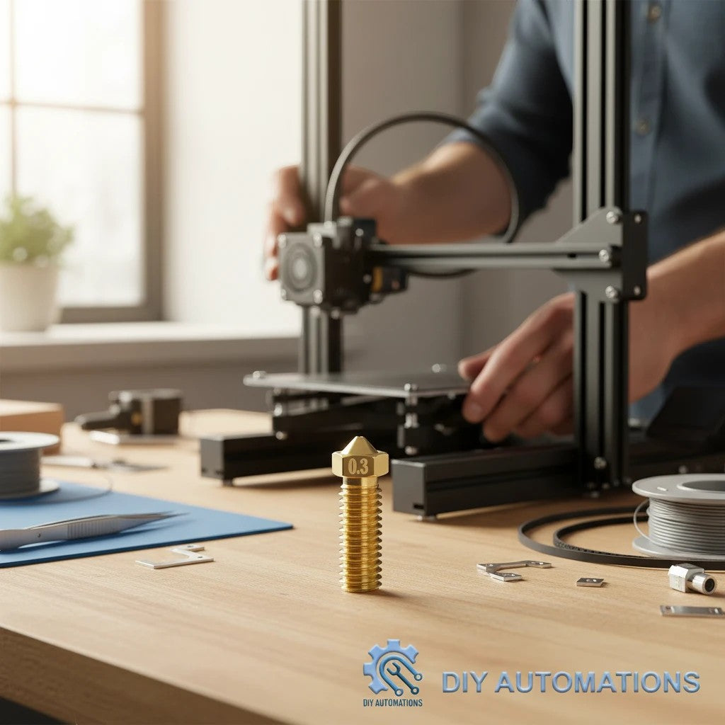 DIY AUTOMATIONS 0.3mm brass Volcano 3D printer extruder nozzle on a workbench with a 3D printer in the background.