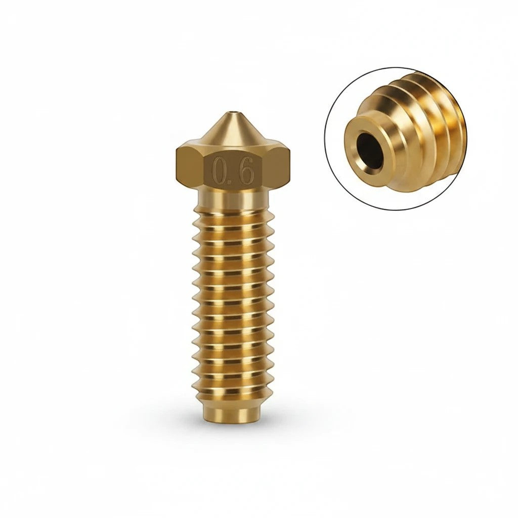 DIY AUTOMATIONS 0.6mm brass Volcano 3D printer extruder nozzle with threaded body and detailed tip view