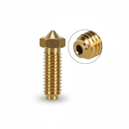 DIY AUTOMATIONS 0.6mm brass Volcano 3D printer extruder nozzle with detailed view of the filament opening