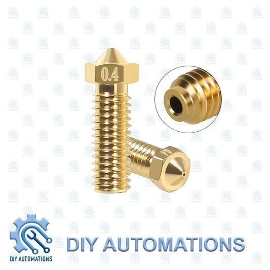 DIY Automations brass 0.4mm Volcano nozzle for 3D printer extruders. Close-up view showing threaded base and conical tip.