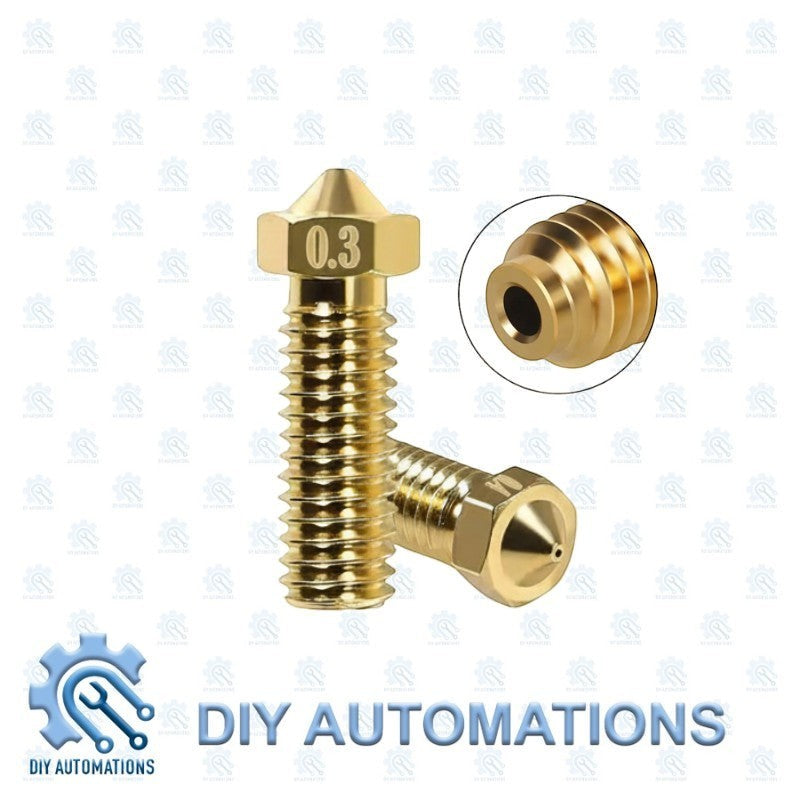 DIY Automations brass 0.3mm Volcano nozzle for 3D printer extruders. Precision machined with threaded base.