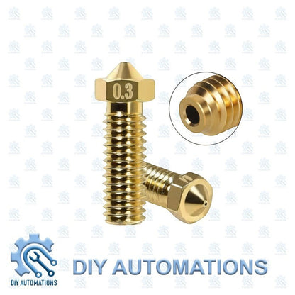 DIY Automations brass 0.3mm Volcano nozzle for 3D printer extruders. Precision machined with threaded base.