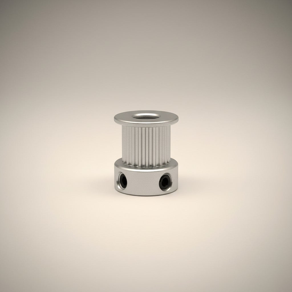 DIY AUTOMATIONSH aluminum timing pulley, 16T, 10mm belt width, silver, with 5mm flange and M3x2 mounting holes.