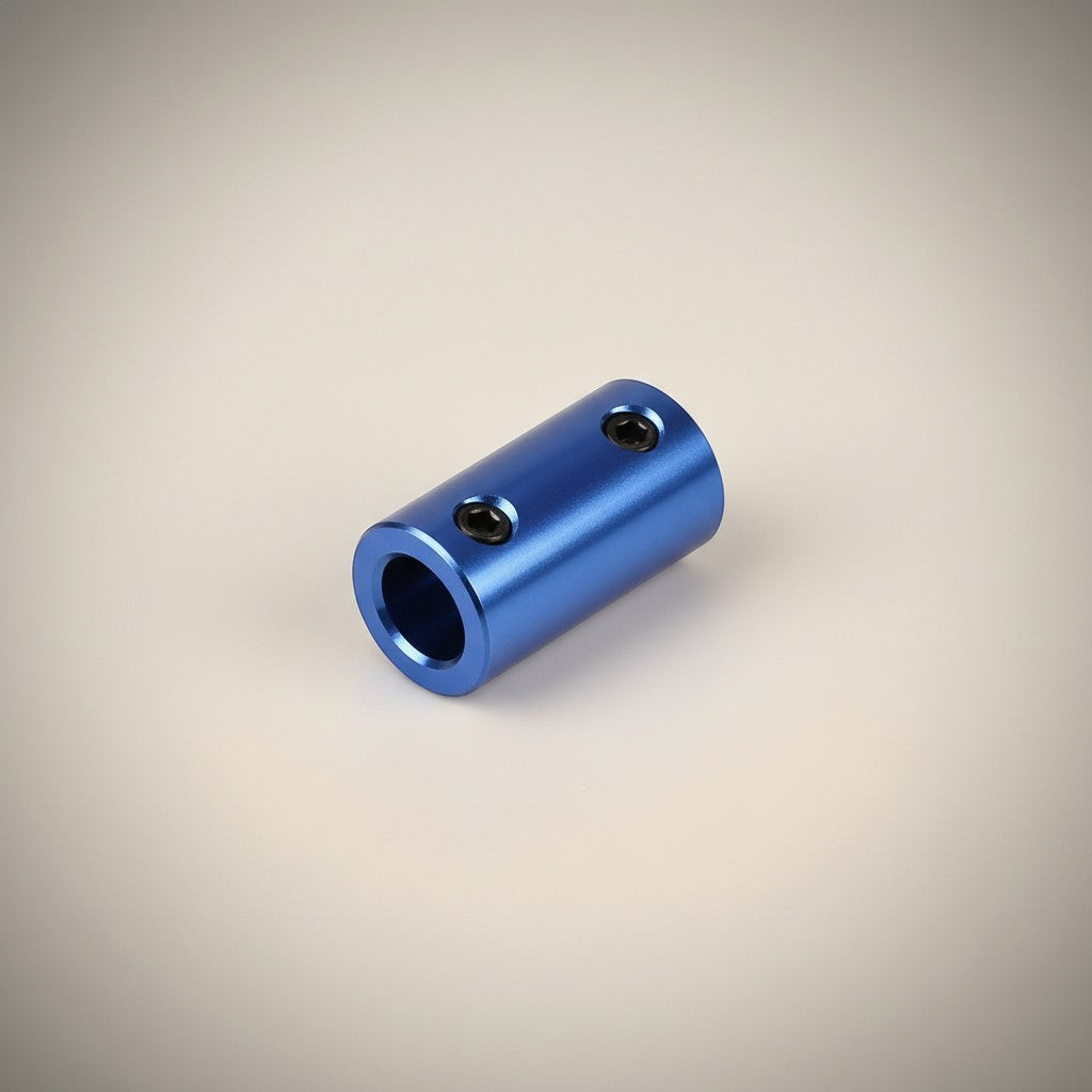 DIY AUTOMATIONSH blue aluminum fixed shaft coupler with two set screws, ideal for robotic projects.