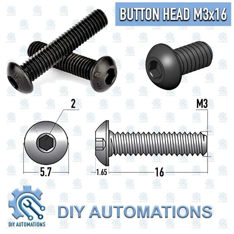 DIY AUTOMATIONS black M3x16 button head socket screw with hex drive.