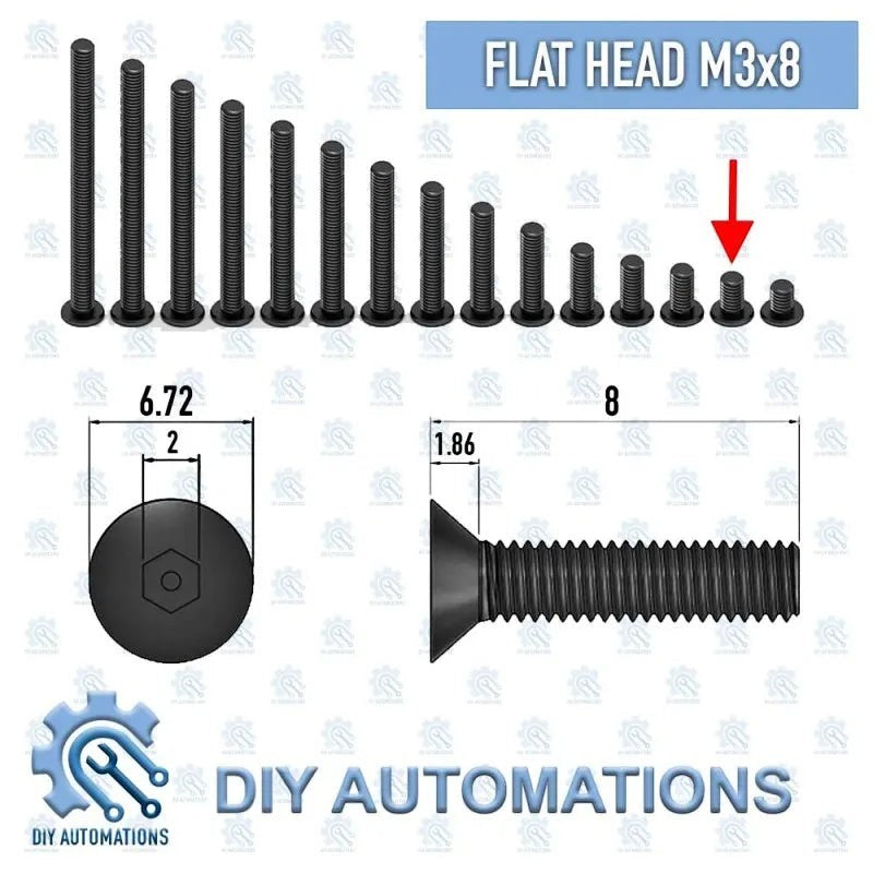 DIY AUTOMATIONS black M3x8 flat head counter sink screws, shown in various lengths with technical diagrams.