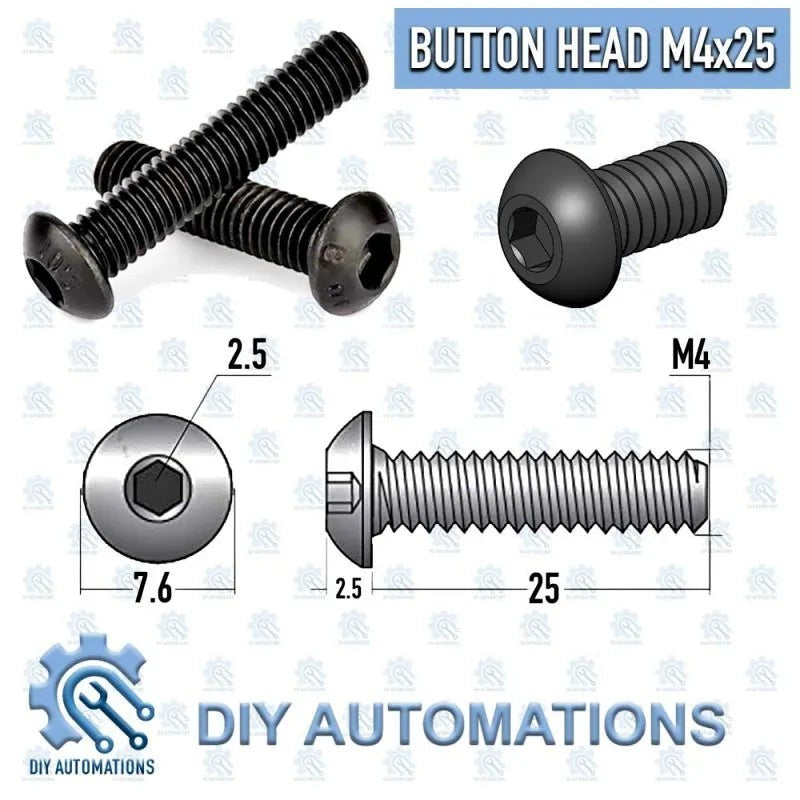 DIY AUTOMATIONS black M4x25 button head socket screw with hex drive.
