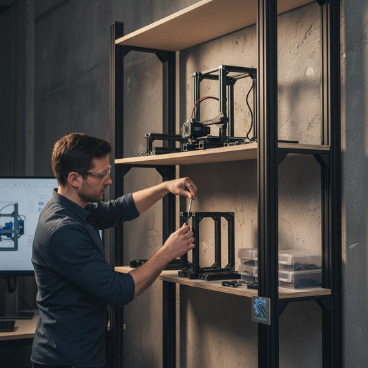 DIY AUTOMATION man assembling black aluminum extrusion profile frame for 3D printer project.