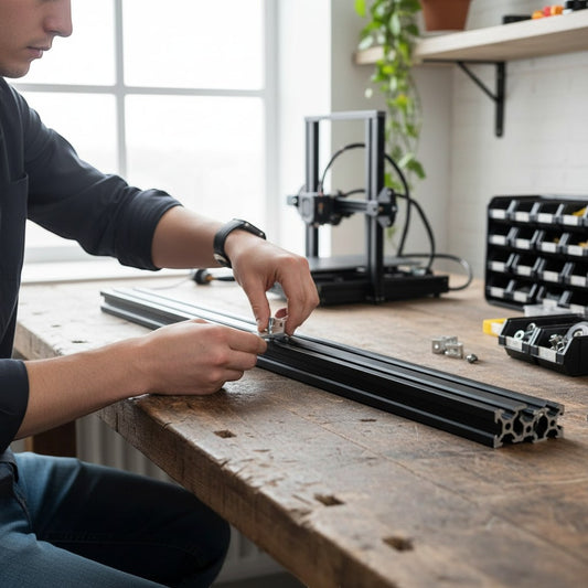 DIY AUTOMATION black anodized aluminum extrusion profile with T-slots, being assembled by a person.