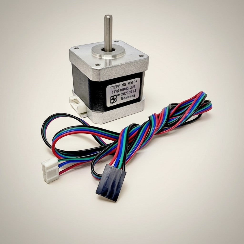 DIY AUTOMATION NEMA 17 stepper motor with silver shaft and black casing, includes multi-colored wire harness.