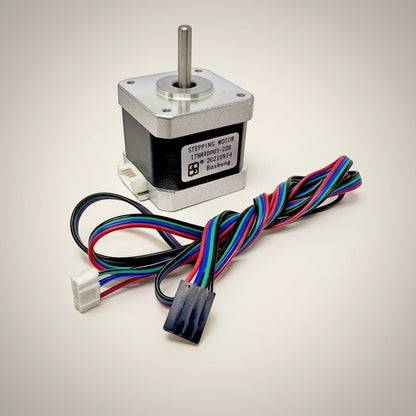 DIY AUTOMATION NEMA 17 stepper motor with silver shaft and black casing, includes multi-colored wire harness.