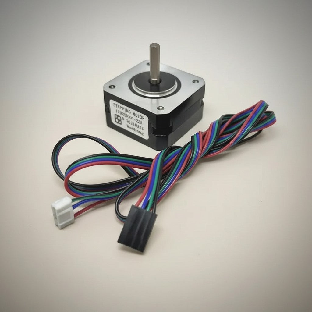 DIY AUTOMATIONS Nema 17 stepper motor with wiring harness, black metal body, silver shaft, ideal for 3D printers and CNC machines.