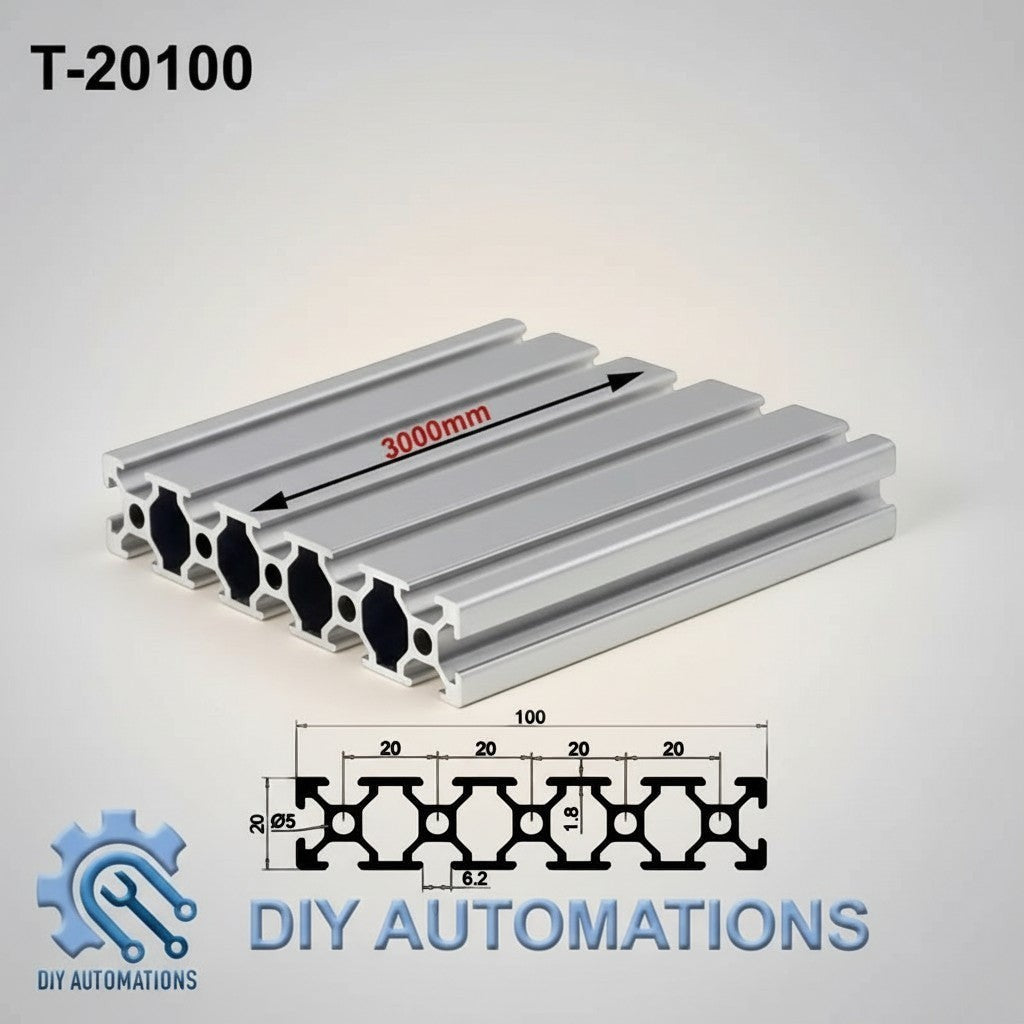 DIY Automations 20100 aluminum extrusion profile, 3000mm length, silver finish, T-slot design for custom builds.