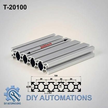 DIY Automations 20100 aluminum extrusion profile, 3000mm length, silver finish, T-slot design for custom builds.