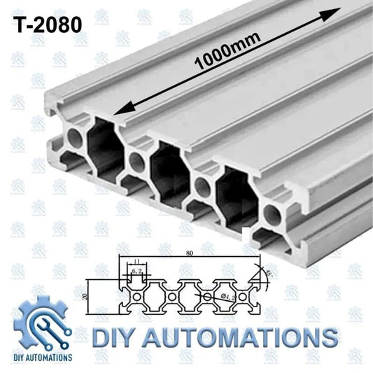 DIY Automations 2080 aluminum extrusion profile, 1000mm length, silver finish, T-slot design for DIY projects.