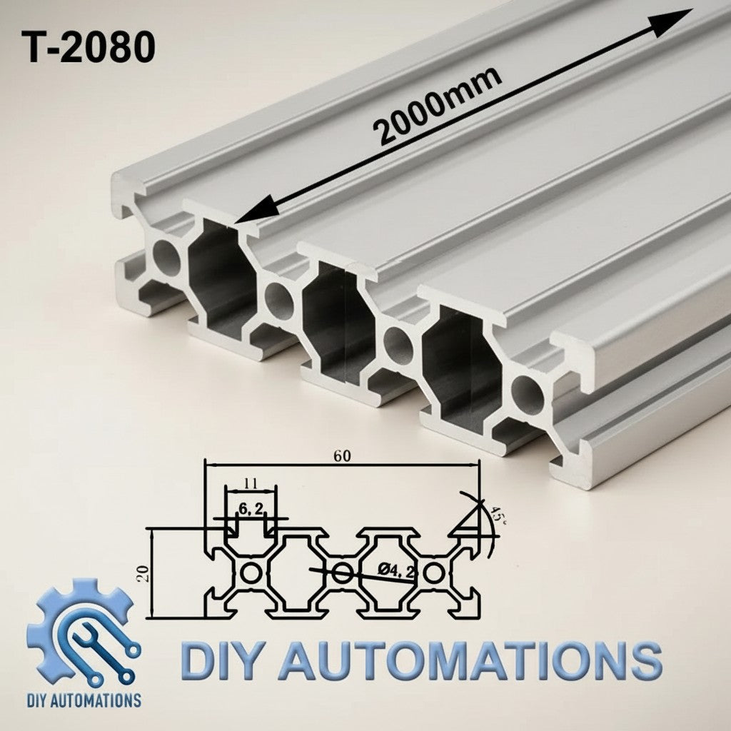 DIY Automations 2080 aluminum extrusion profile, 2000mm length, T-slot design for custom frames and 3D printers.