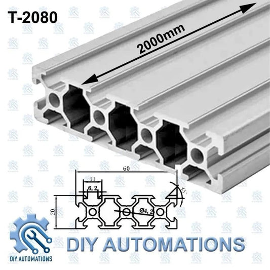 DIY Automations 2080 aluminum extrusion profile, 2000mm length, T-slot design for custom frames and 3D printers.