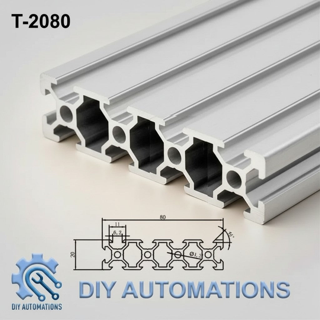DIY Automations T-2080 silver aluminum extrusion profile with T-slot design for DIY projects.