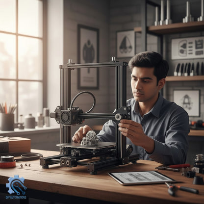 DIY Automations black 3D printer with a man adjusting the extruder, printing a grey gear.