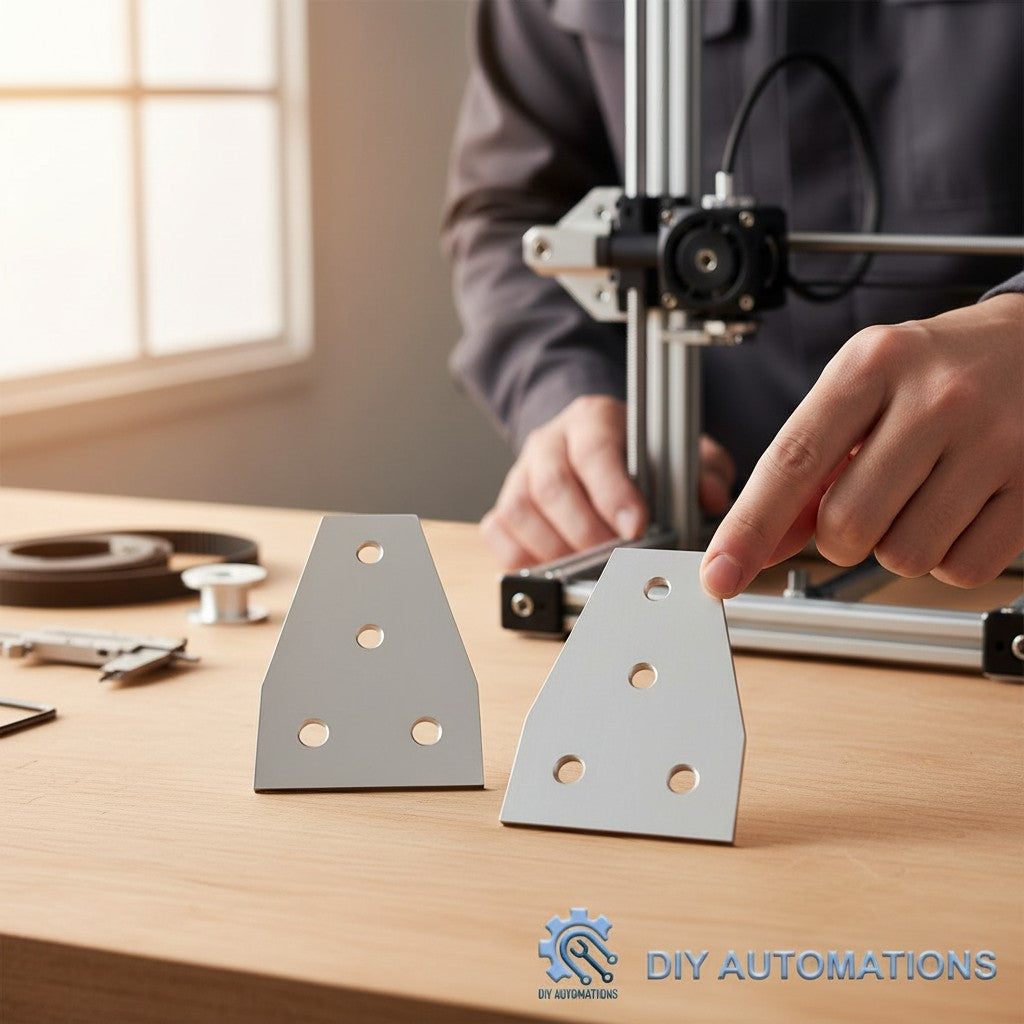 DIY Automations silver aluminum corner bracket with 4 holes for automation projects, connecting extrusions at 90 degrees.