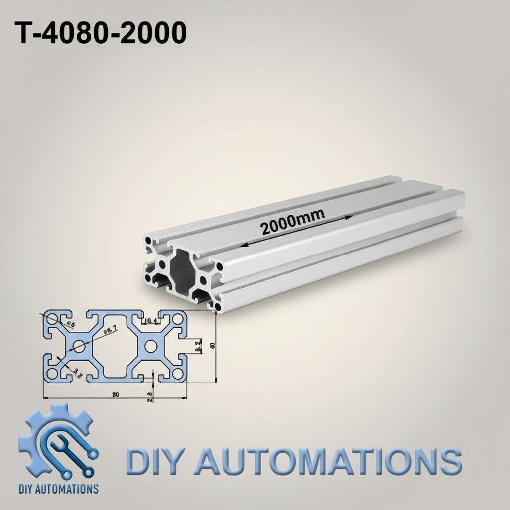 DIY Automations 2000mm silver aluminum T-slot extrusion profile for custom frames and automation equipment.