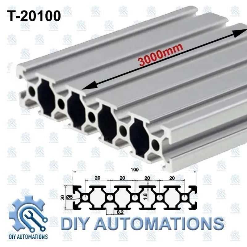 DIY Automations 20100 aluminum extrusion profile, 3000mm length, silver finish, T-slot design for custom projects.