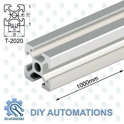 DIY Automations T-slot aluminum extrusion profile, 2020 series, 1000mm length, anodized silver finish.