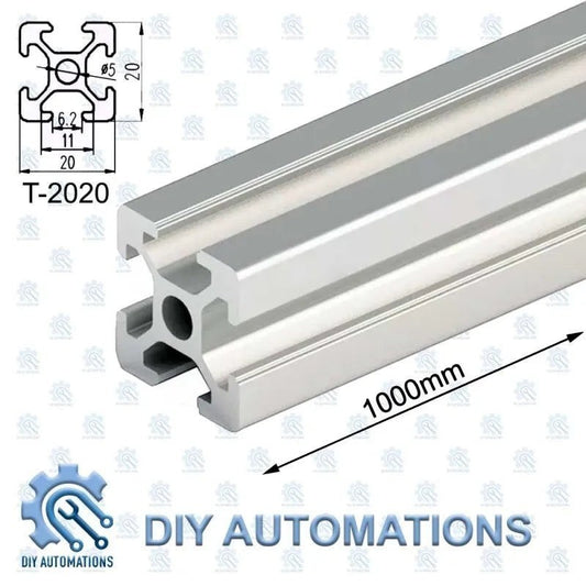 DIY Automations T-slot aluminum extrusion profile, 2020 series, 1000mm length, anodized silver finish.