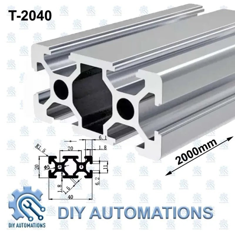 DIY Automations T-slot aluminum extrusion profile, 2040 series, silver finish, 2000mm length, ideal for DIY projects and machine frames.