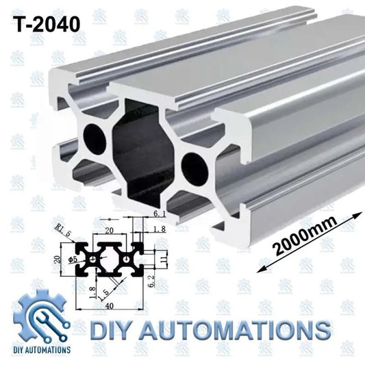 DIY Automations T-slot aluminum extrusion profile, 2040 series, silver finish, 2000mm length, ideal for DIY projects and machine frames.