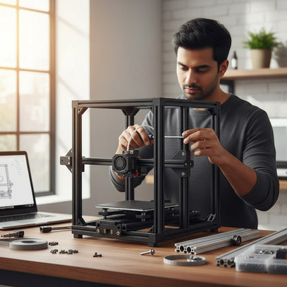 DIY AUTOMATIONSH man assembling a black aluminum extrusion profile 3D printer frame with T-slot design.