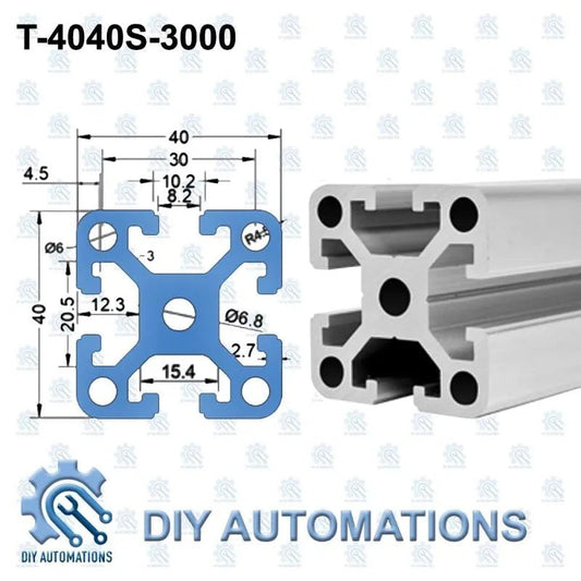 DIY Automations 40x40mm silver aluminum T-slot extrusion profile with technical diagram and dimensions.