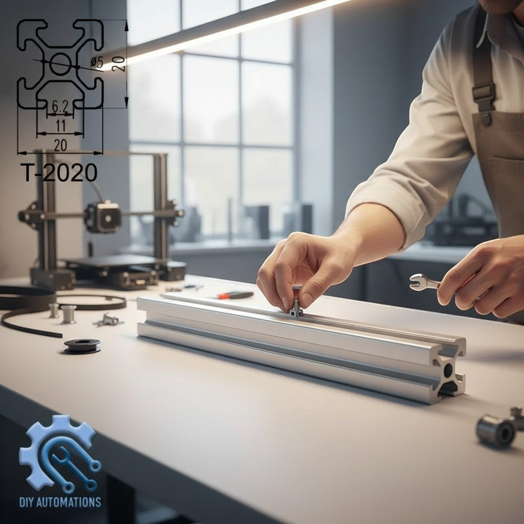 DIY Automations T-slot aluminum extrusion profile, 2020 series, anodized silver finish, used for building frames and structures.