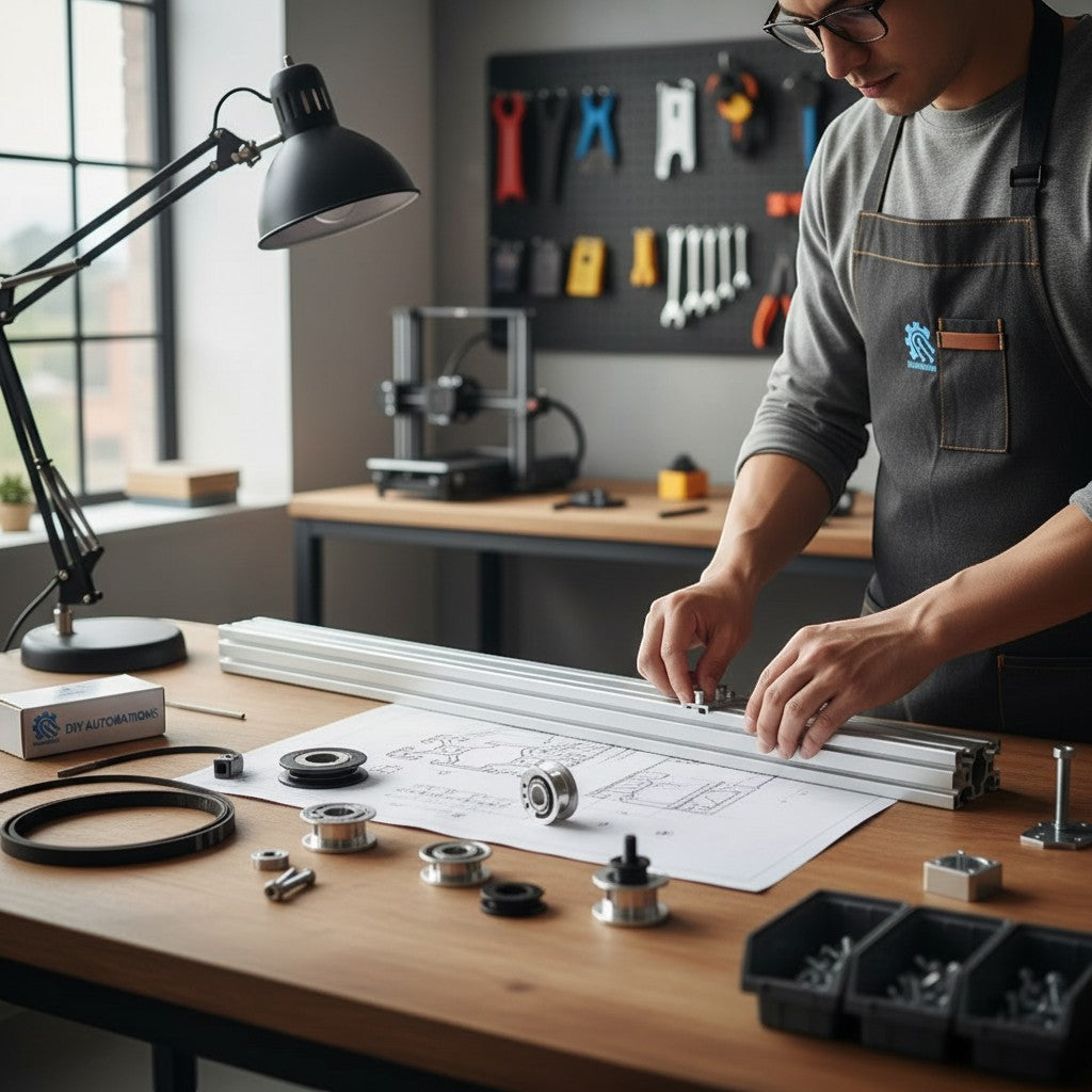 DIY Automations aluminum extrusion profile on a workbench with blueprints and components. Man assembling.
