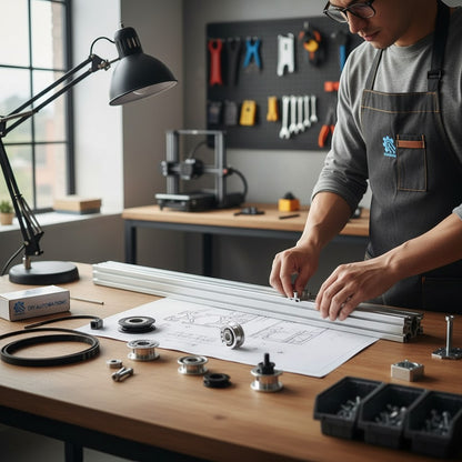DIY Automations aluminum extrusion profile on a workbench with blueprints and components. Man assembling.