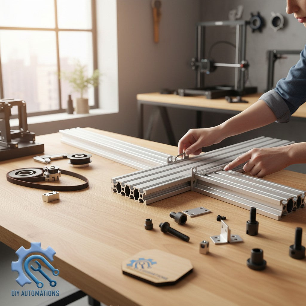 DIY Automations silver aluminum extrusion profile T-slot design for building frames and projects. Includes various connectors and hardware.