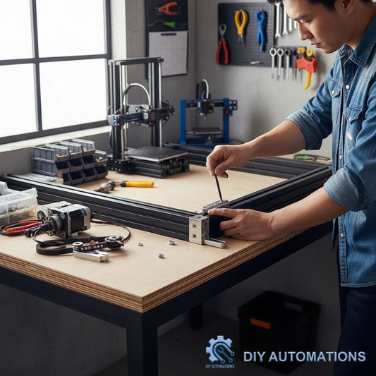 DIY Automations silver L-type aluminum profile connector bracket for 40x40 extrusions, used in building frames.