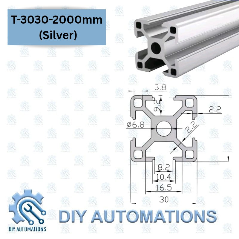 DIY Automations silver aluminum T-slot extrusion profile, 30x30mm, ideal for custom frames and automation equipment.