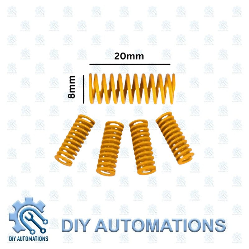 DIY Automations yellow 8x20mm bed leveling springs for 3D printers. Set of four springs.