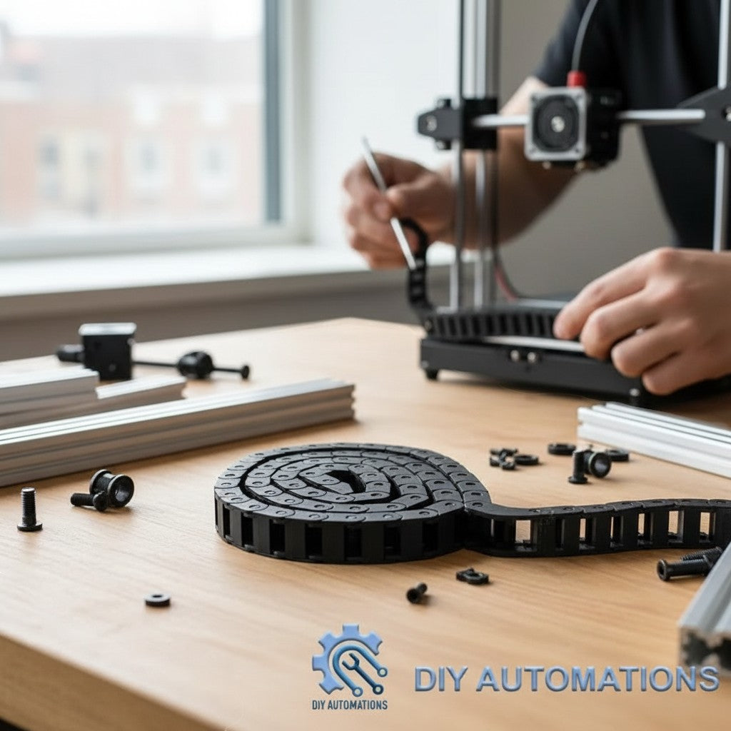 DIY Automations black 10x15 drag chain for 3D printer extrusion decoration, coiled and uncoiled on a wooden workbench.