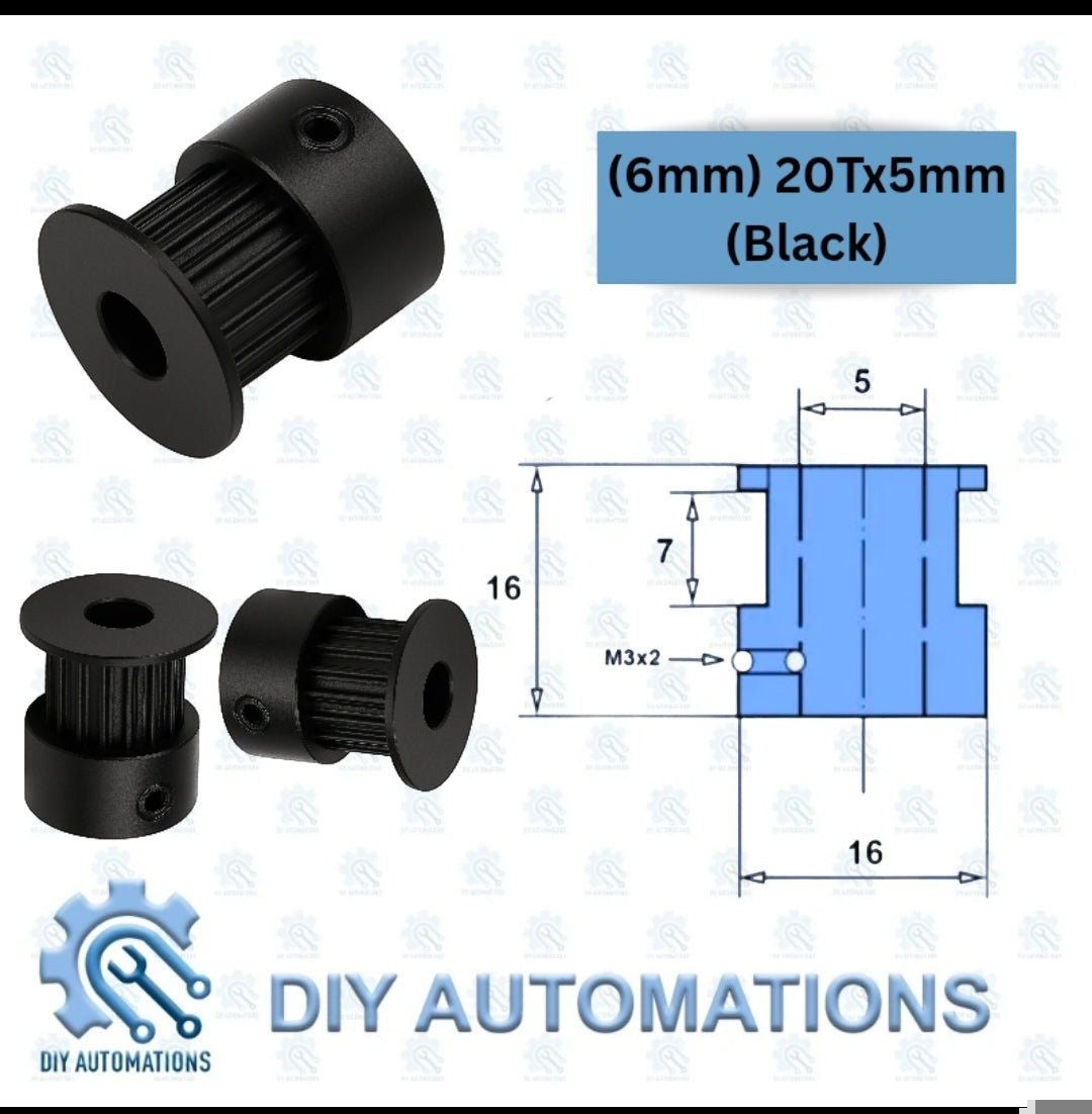 DIY Automations black 20-tooth GT2 timing pulley with 5mm bore, 16mm diameter, and 6mm belt width.