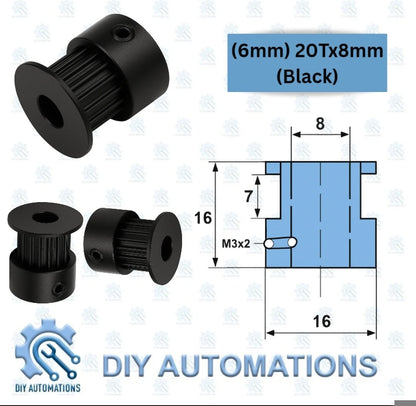 DIY Automations black 20-tooth GT2 timing pulley with 8mm bore, 6mm belt width, and M3 set screws.