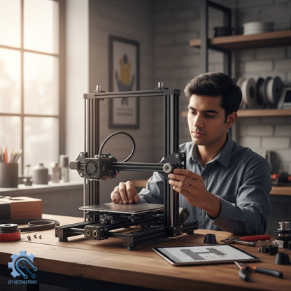DIY Automations man assembling a black 3D printer with extrusion decoration, foot series, foot block.