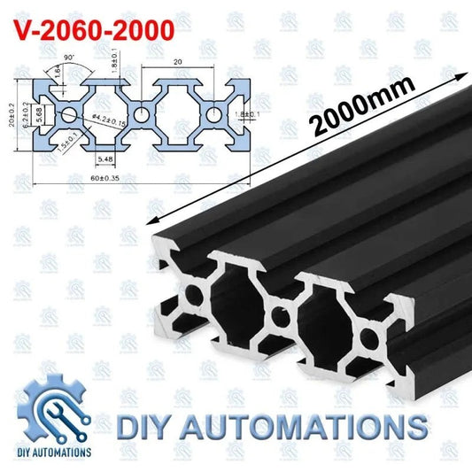 DIY Automations black anodized aluminum extrusion profile, 2060 series, 2000mm length, with T-slots for custom frames and machine bases.